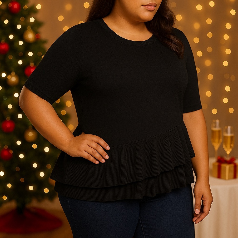 ISAAC MIZRAHI LIVE! Black Elbow-Sleeve Ruffle Peplum‎ Sweater 2X Ribbed A-line